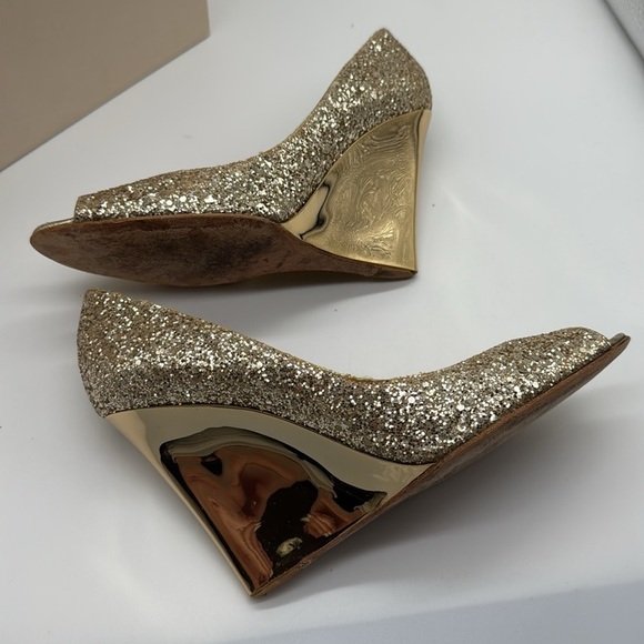 Jimmy  Choo Baxen Woven Metallic Peep Toe Wedge Heels Gold Glitter Size 38 - Picture 9 of 16